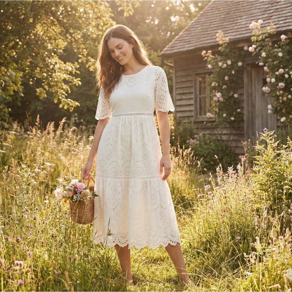 O.P.T. White Eyelet Lace Tiered Midi Dress Puff Sleeve | Summer Cottagecore